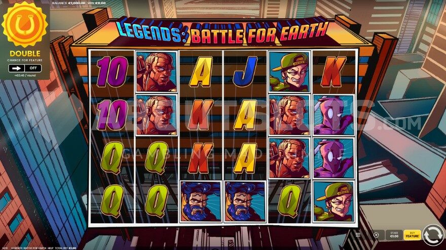 Base game with cartoon symbols on reels.