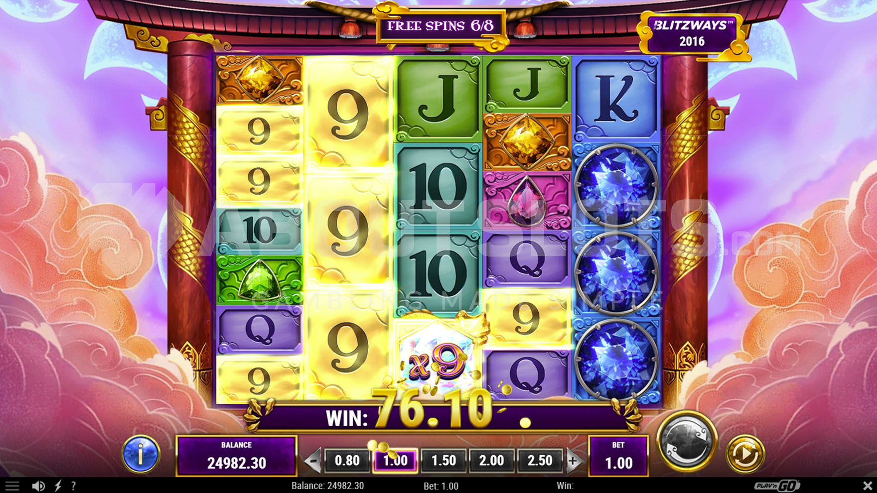 Free Spins bonus in progress, showing a win with a 4-of-a-kind symbol combination and a x9 multiplier from a Wild symbol.