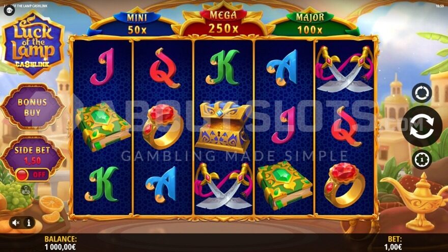 Base game with golden lamp on the right side of the reels.