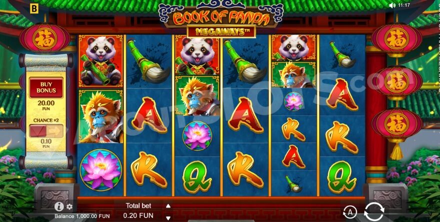 Screenshot of the base game in Book of Panda Megaways slot
