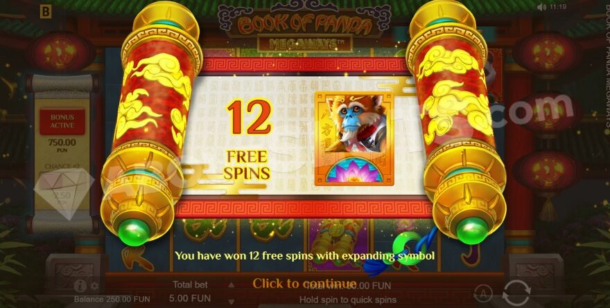 Screenshot of symbol selection before free spins in Book of Panda Megaways slot