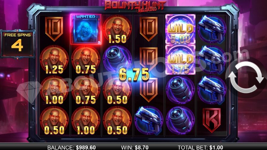 Bonus game with free spins featuring two wild symbols on the reels.