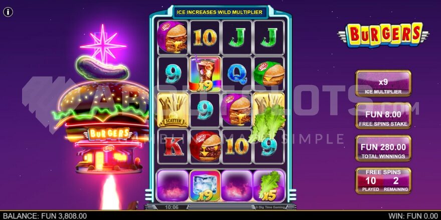 Burgers slot free spins feature screenshot with ice cube multiplier