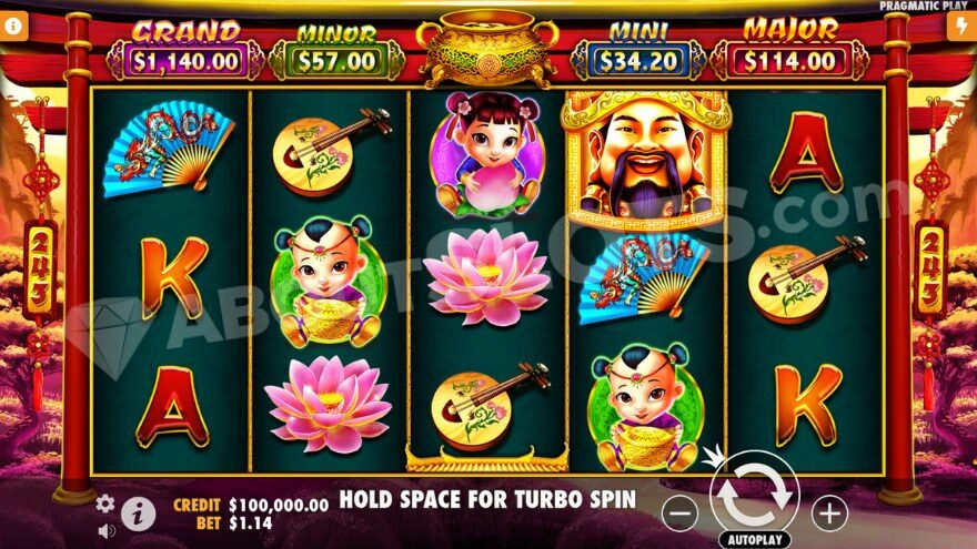 Base game of Caishen's Gold slot, showing jackpots above the reels.