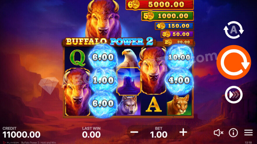 Base game view showcasing a large buffalo behind the reels.