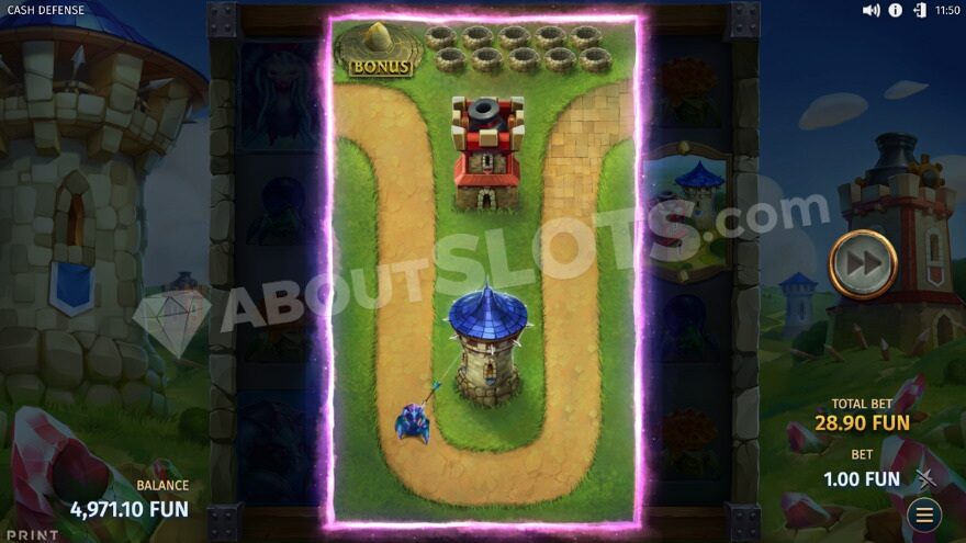 Mini-TD bonus game featuring two defense towers