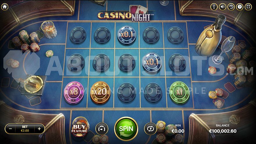 Casino slot with 5 reels on a blue gaming table.