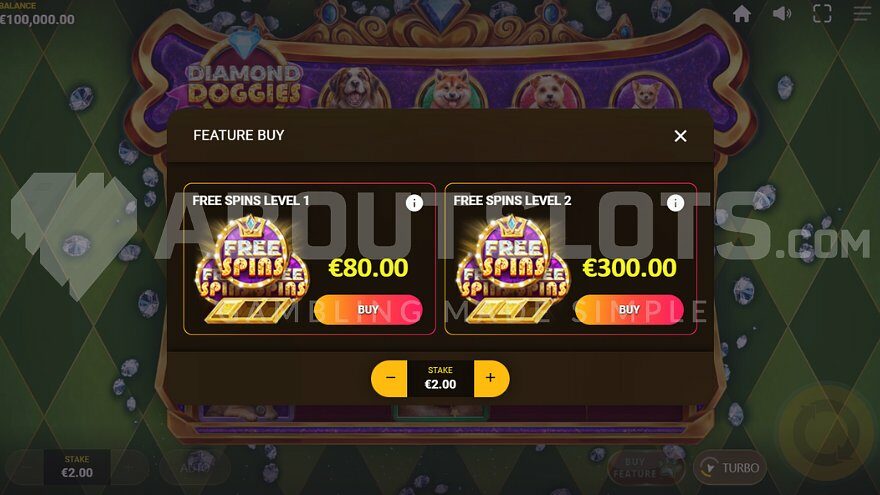 Screen offering to buy free spins for 40x stake and super free spins for 150x stake.
