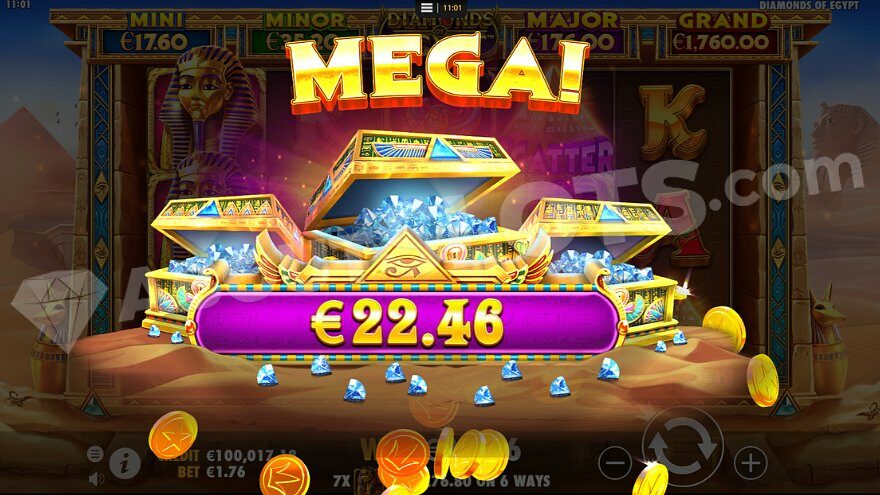 Three treasure chests adorned with diamonds, displaying a "Mega, €22.46." win.