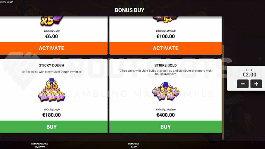 Screen offering Sticky Dough Free Spins for 90x stake and Strike Gold Free Spins for 200x stake.