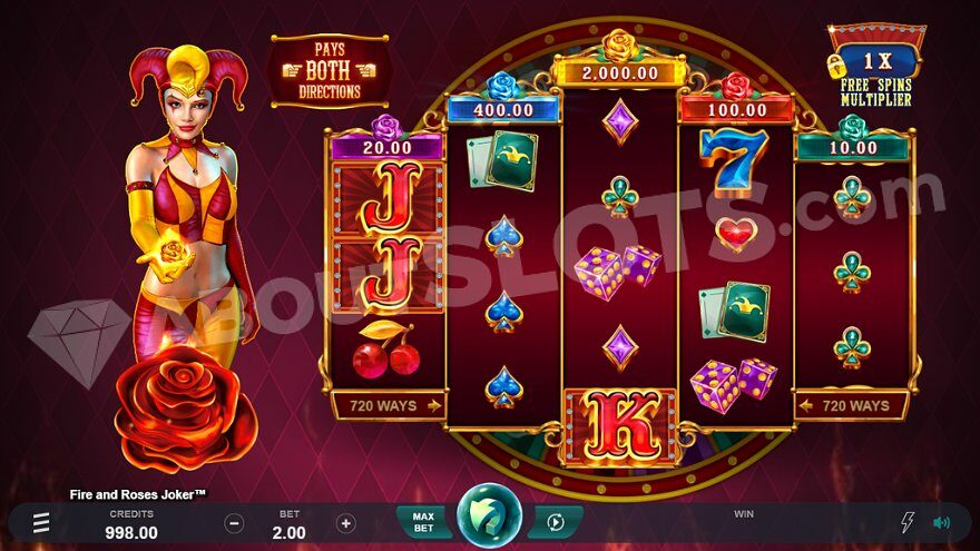 Red background with five reels on the right and a Joker on the left.