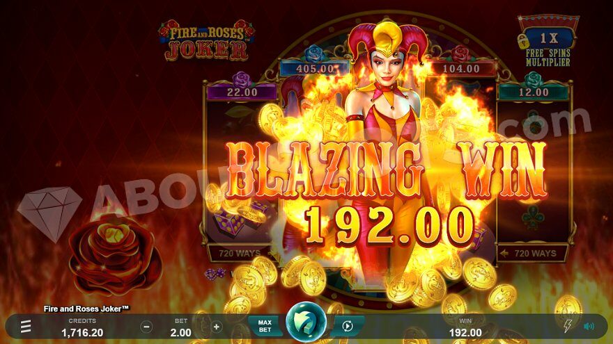 Joker walking through fire and text "Blazing Win 192.00."