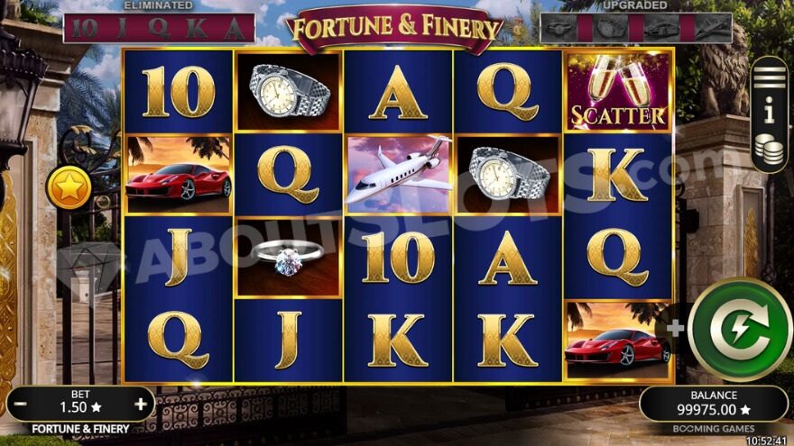 Base game showing luxury items like a diamond ring and a private jet on the reels.