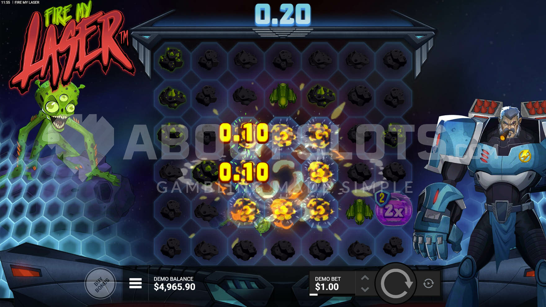 Base game view featuring an alien on the left, a soldier on the right, and an explosion on the game field.