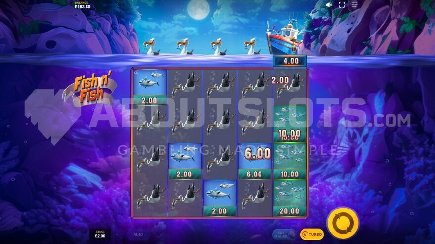 Screenshot of the Free Spins feature with a big boat collecting fish.