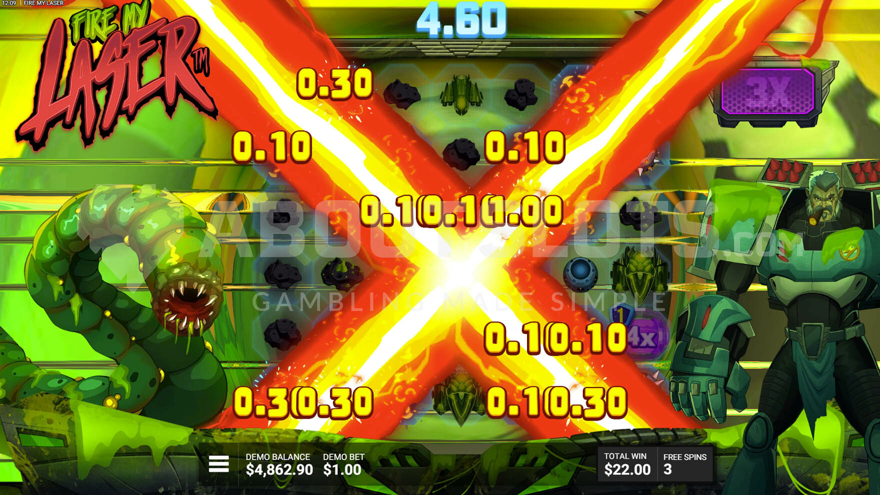 Activated Alien Attack Bonus with a win achieved thanks to the Super Laser feature.