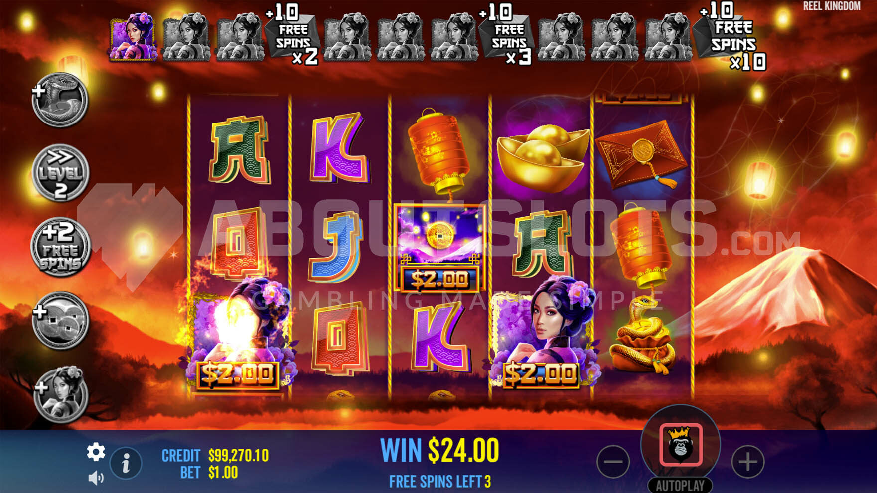 Free spins bonus activated with 2 Wild symbols collecting a money prize.