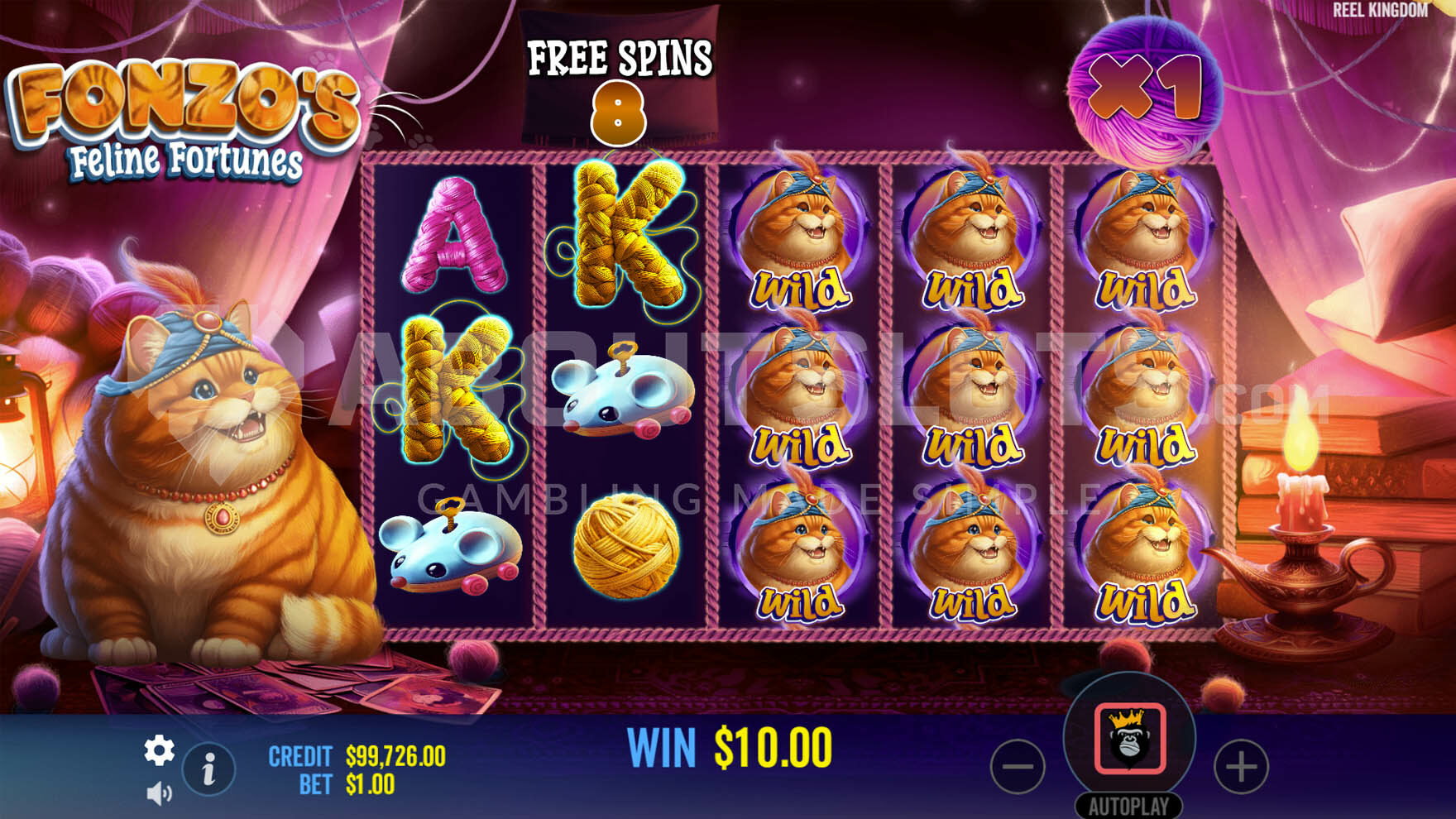 Free Spins round in progress with 3 fully Wild reels and a winning combination of 5 K symbols.