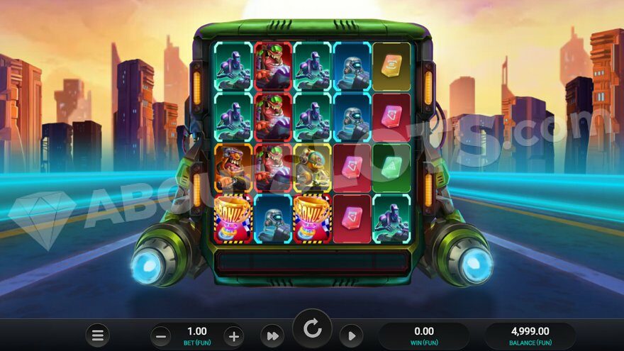 Slot machine on a flying car in a futuristic city.