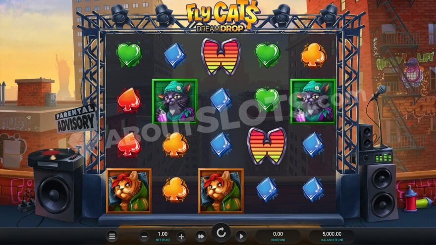 Base game scene with a stage around the reels.