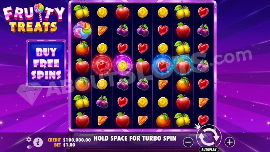 Base game featuring various fruit symbols on the reels.