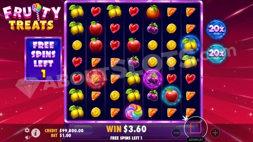Free Spins bonus game showing two 20X multipliers on the right.