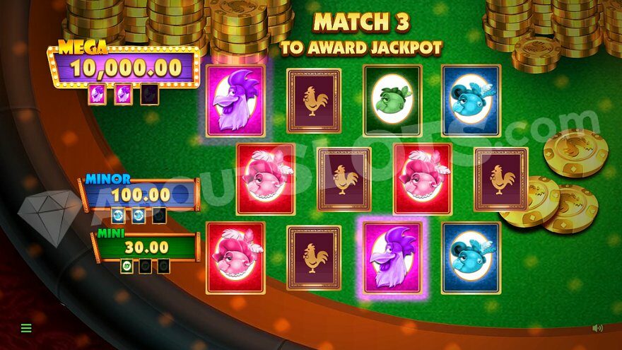 Twelve playing cards on a table, eight of which are face down, revealing one of four jackpots.