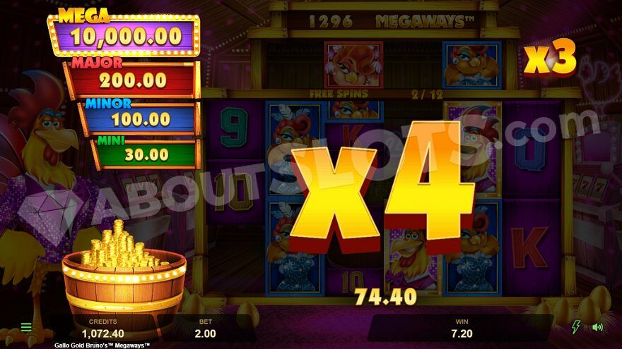 x4 multiplier increasing winnings to 74.40 during free spins.