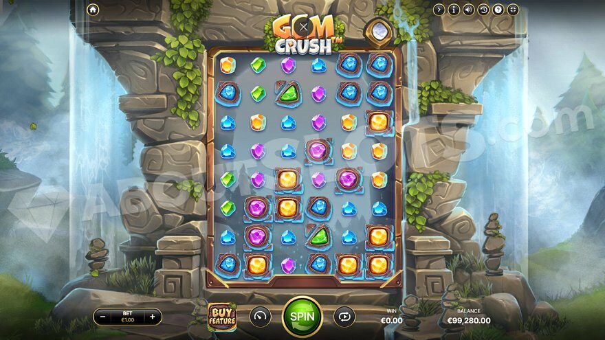 Gem Crush slot game interface with waterfall background.