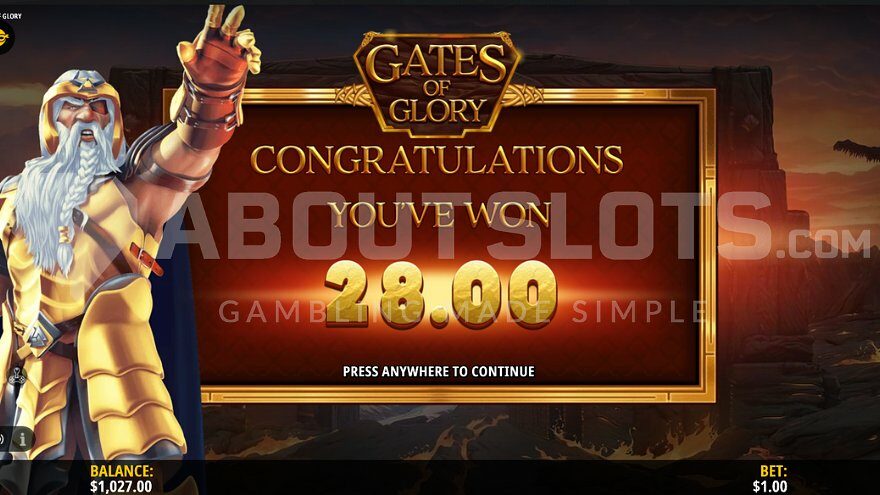 Win screen showing a 28x win.