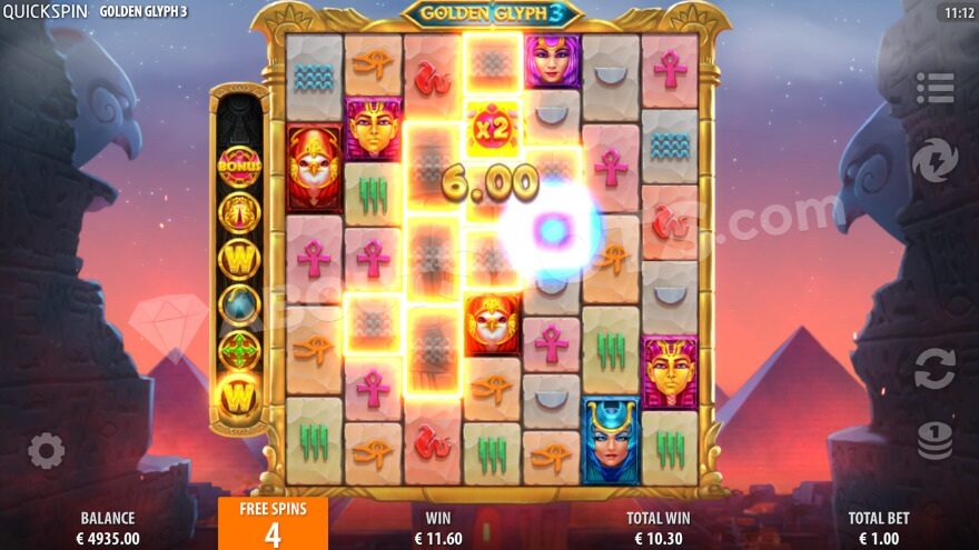 Bonus game showcasing free spins and a 2X multiplier on the Golden Glyph symbol.