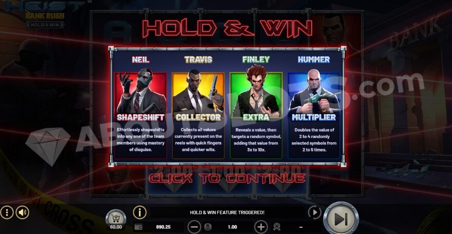 Introduction to the hold and win feature showcasing four special symbols.