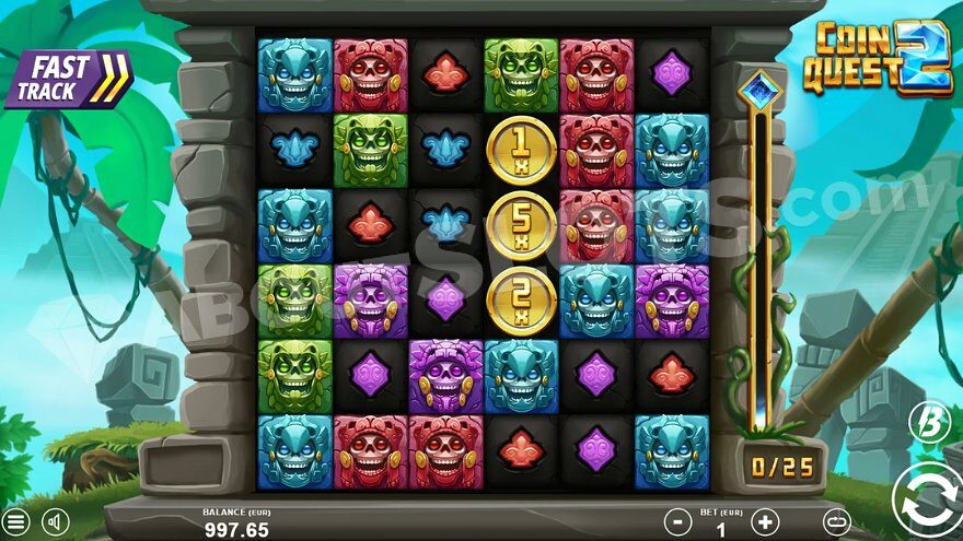 6x6 game grid framed by stone blocks. Pyramids are partially visible in the upper left and right corners.