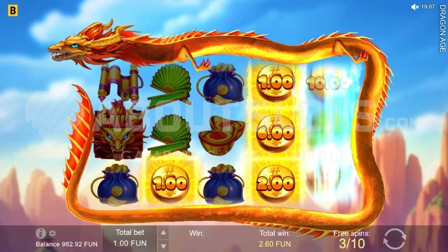 Bonus game with free spins, featuring a dragon encircling the reels.