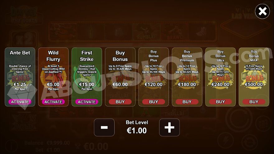 Bonus Buy menu in DonKey & the GOATS slot with Ante Bet and Free Spins options.