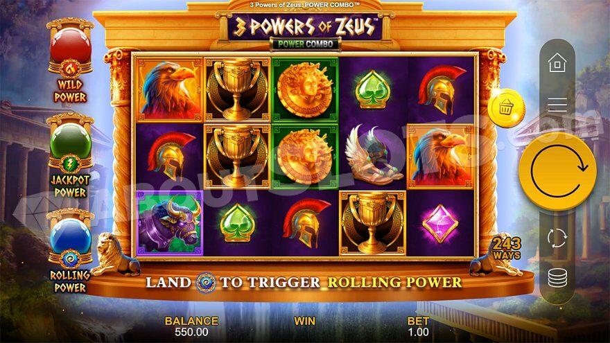 The 5-reel game field of the casino slot in the style of Greek mythology.