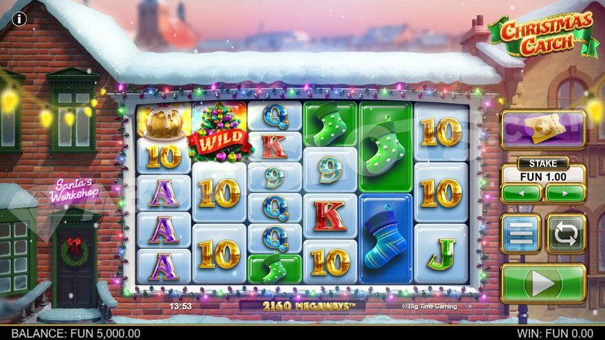 Game field in Megaways style on the wall of Santa Claus's workshop.