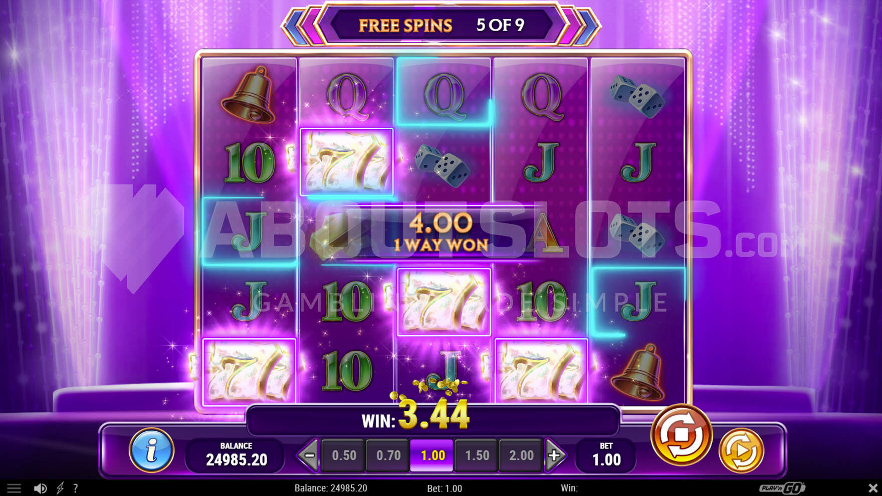 Free spins in progress, showing a win on the top enhanced symbol and several highlighted positions.