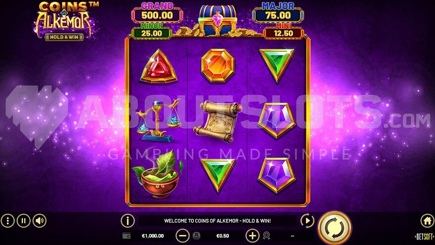 Coins of Alkemor slot machine featuring a 3x3 grid layout.