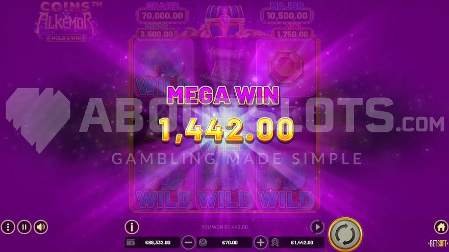 Screenshot displaying a Mega Win of 1442.00 in the slot game.