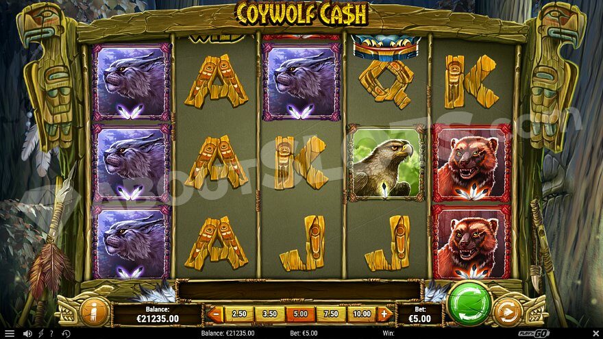 Five reels featuring animal symbols and letters.