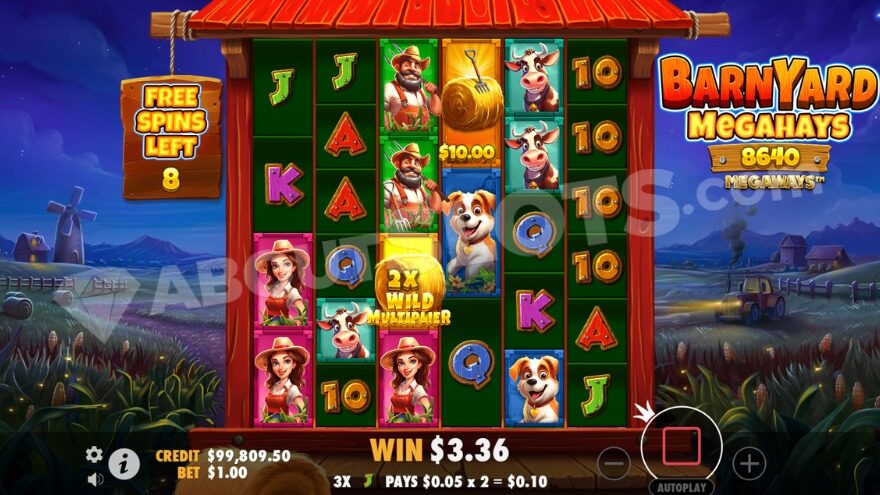 Free spins feature with a 2x Wild Multiplier on the third reel.