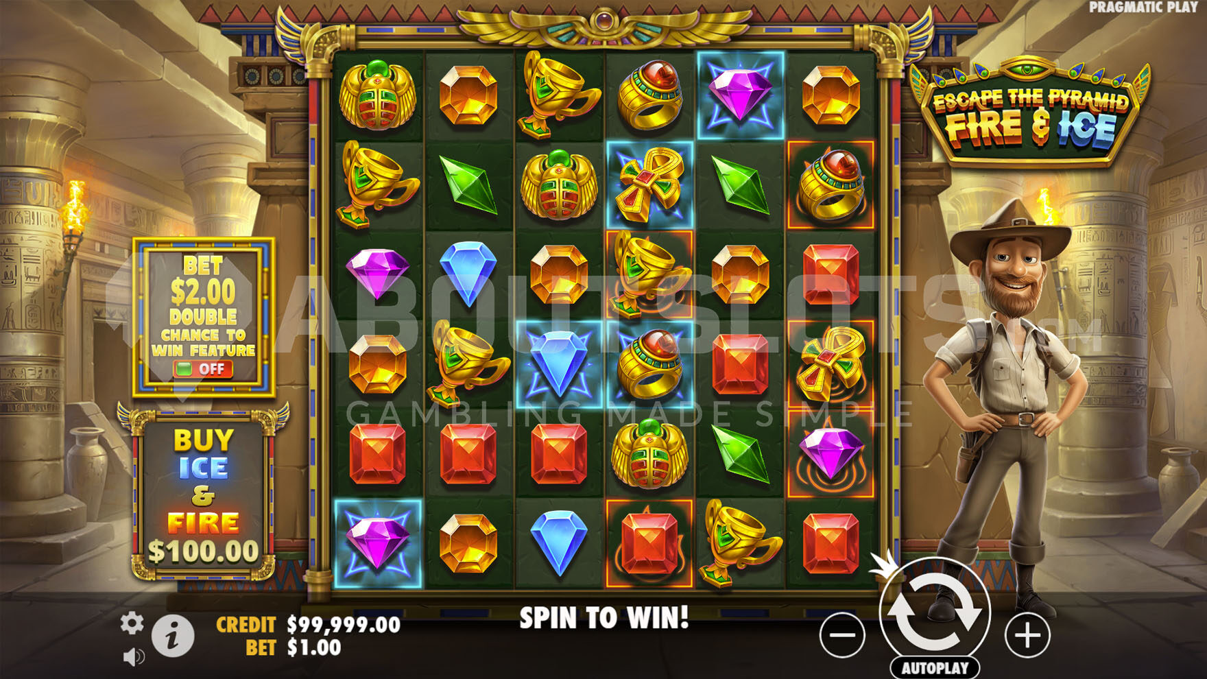 Base game view showcasing a 6x6 grid set within an Egyptian pyramid, with a cartoon-style male explorer standing to the right.