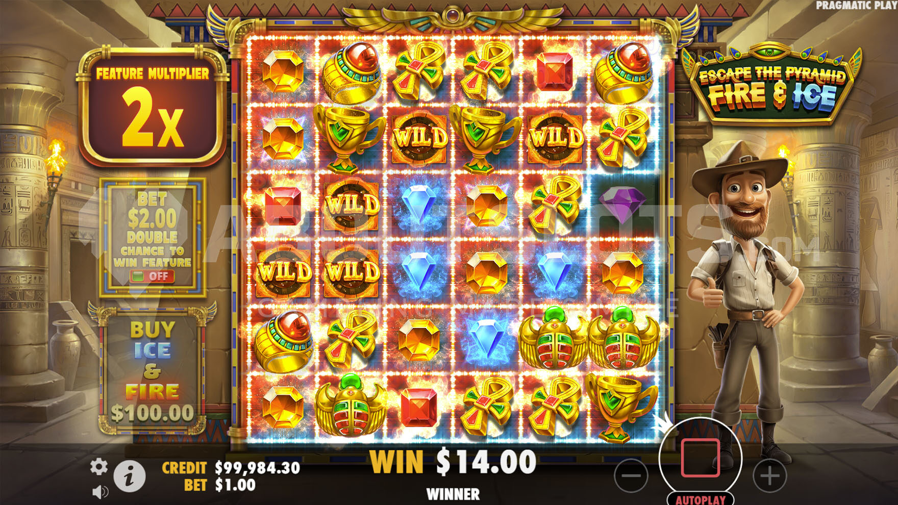 Activated Fire Feature with multiple Wild symbols involved in winning combinations and an accumulated x2 multiplier.