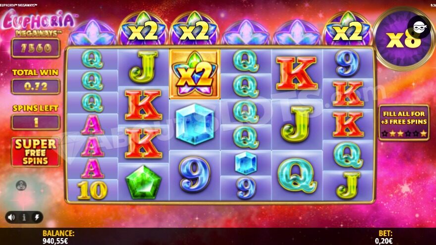 Super Free Spins with 3 out of 6 stars filled on the counter.