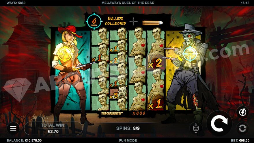 Sheriff woman on the left of the reels shooting zombies on the right while reels 2-5 are filled with zombie symbols.