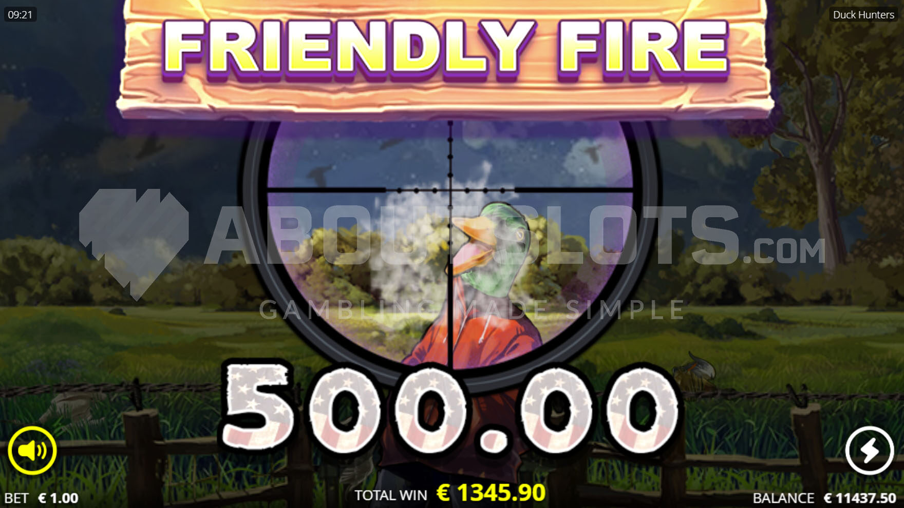 Big win celebration screen with a rifle scope aimed at a duck.