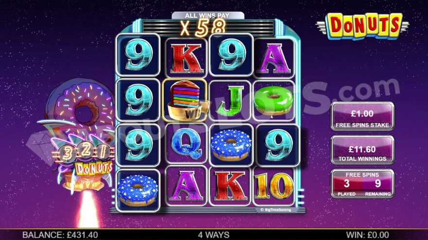 Free spins bonus game with a 58X win multiplier above the reels.
