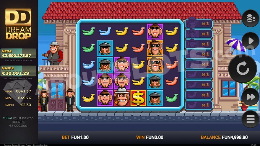Game screen of the slot featuring a large house and three dressed monkeys on the left.