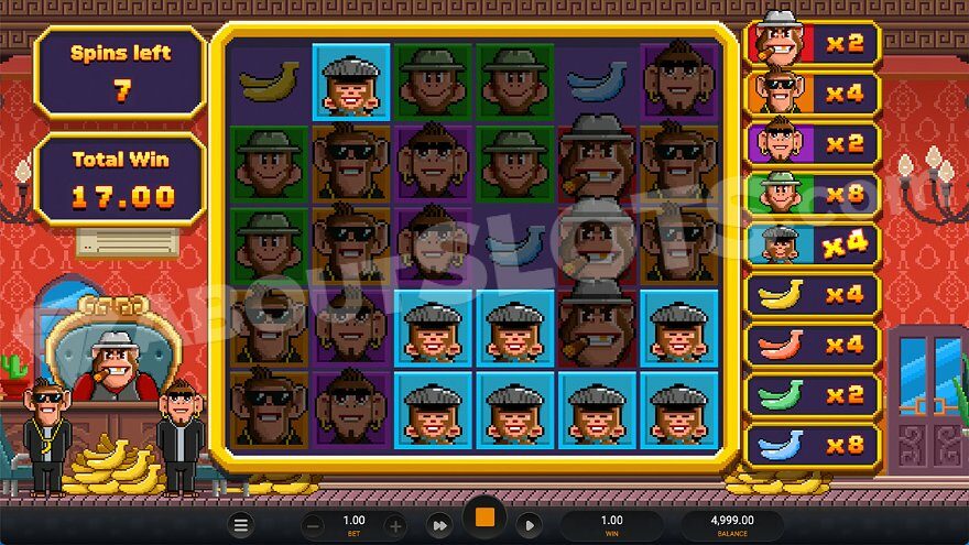 Winning combination of 8 blue monkeys during free spins.